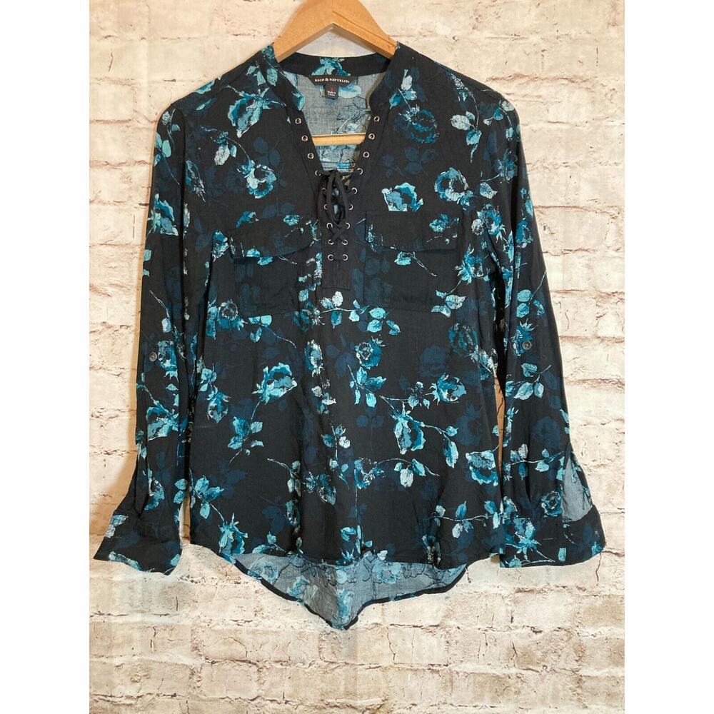 Rock & Republic Top Women Small Black & Turquoise Floral Lace Up Roll Tab Sleeve
